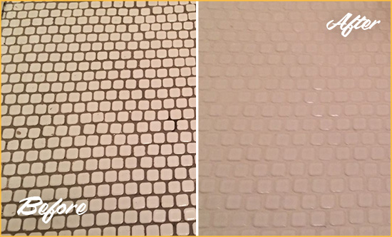 Before and After Picture of a Cypress Hard Surface Restoration Service on a Bathroom Tile Floor Recolored to Fix Grout Color