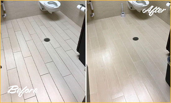 Before and After Picture of a Magnolia Office Restroom's Grout Cleaned to Remove Dirt