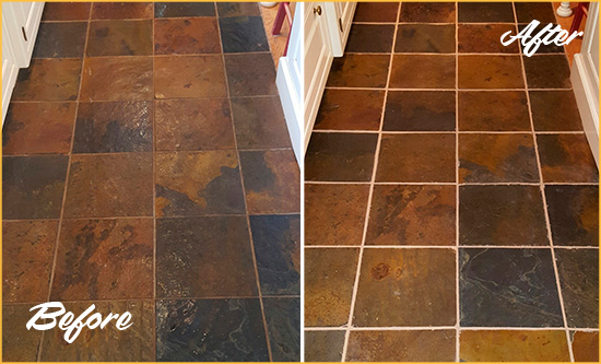 Before and After Picture of Galveston Slate Floor Grout Cleaned to Remove Dirt