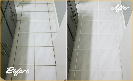 Before and After Picture of a Richards White Ceramic Tile with Recolored Grout