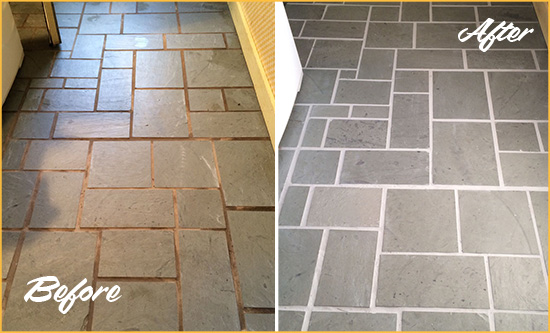 Before and After Picture of Damaged Texas City Slate Floor with Sealed Grout