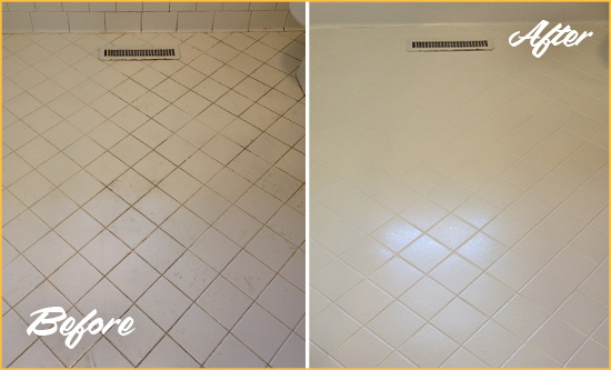 Before and After Picture of a San Leon White Bathroom Floor Grout Sealed for Extra Protection