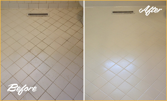 Before and After Picture of a Texas City White Bathroom Floor Grout Sealed for Extra Protection