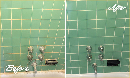 Before and After Picture of a Richards Bath Tub Grout Sealed to Avoid Water Damage