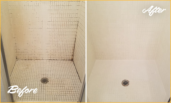 Before and After Picture of a The Woodlands Bathroom Grout Sealed to Remove Mold