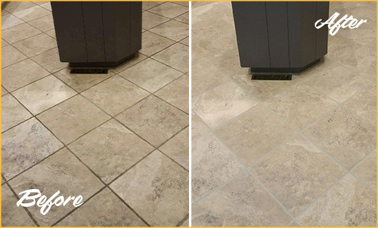 Before and After Picture of a Guy Kitchen Floor Grout Sealed to Remove Stains