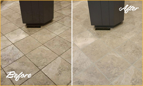 Before and After Picture of a Hitchcock Kitchen Floor Grout Sealed to Remove Stains