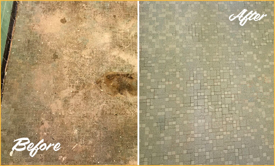 Before and After Picture of a Missouri City Mosaic Shower Cleaned to Eliminate Embedded Dirt