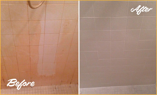 Before and After Picture of a Brookshire Porcelaine Shower Cleaned to Remove Soap Scum