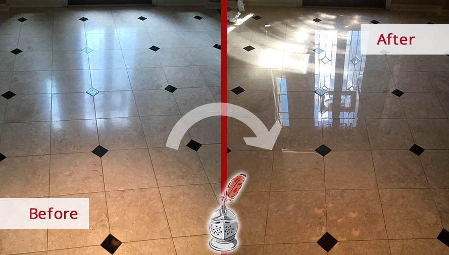 Thanks to a Stone Polishing Job in Houston This Damaged Floor's Luster Was Brought Back Before and after Picture of This Floor after a Stone Polishing Job in Houston