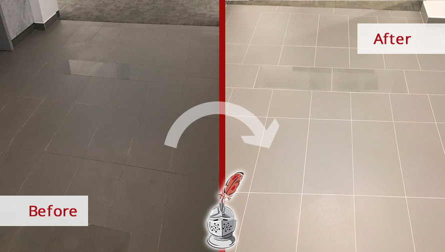 Before and after Picture of a Grout Sealing Job Done in Houston, to Restore These Damaged Floors