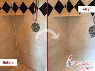 Before and after Picture of This Shower after a Stone Cleaning Job in Houston, TX