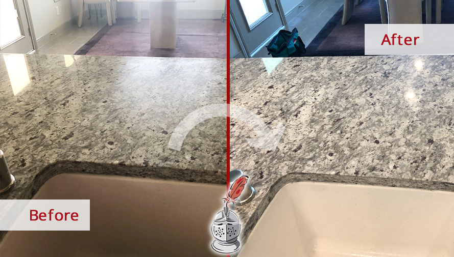 Before and after Picture of This Kitchen Countertop after a Stone Honing Job in Houston, TX