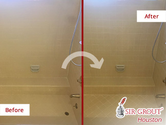 Before and After Picture of a Grout Sealing Process in Houston, Texas