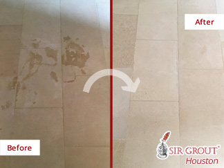 Picture of a Limestone Floor Before and After a Stone Honing Service in Houston, TX