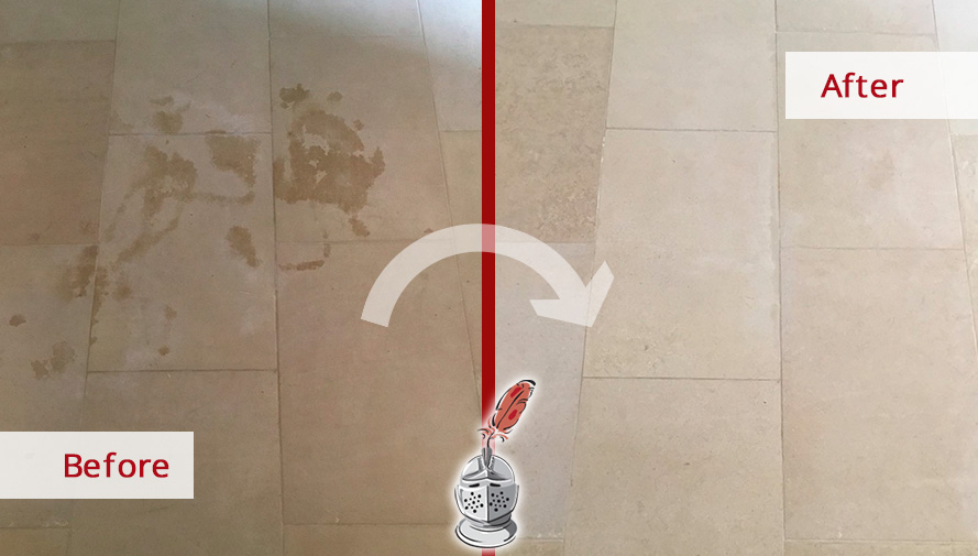 Image of a Limestone Floor Before and After Stone Honing in Houston, TX