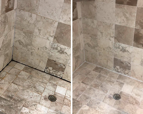 Picture of a Stone Tile Shower Before and After a Grout Sealing Service in Houston, TX