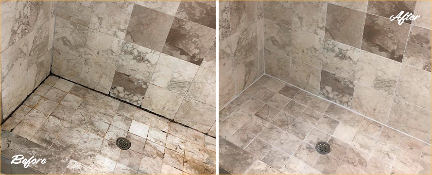 Image of a Stone Tile Shower Before and After a Grout Sealing Job in Houston, TX