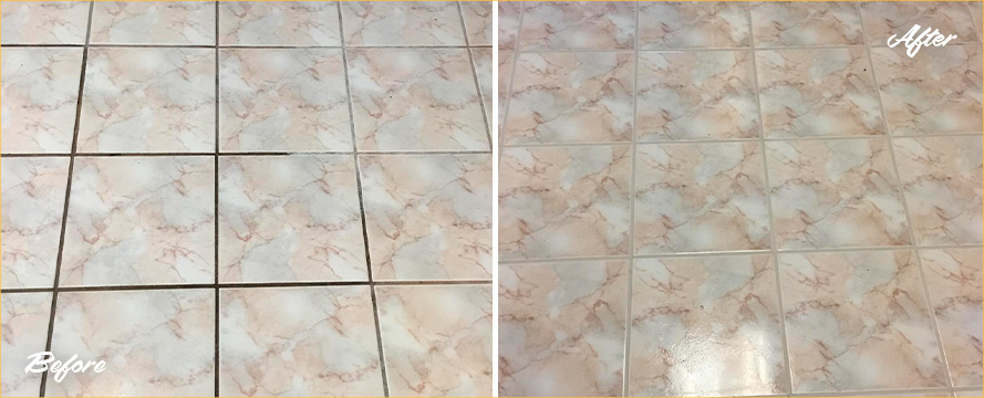Before and After Picture of a Ceramic Tile Floor Grout Sealing Job in Houston, TX
