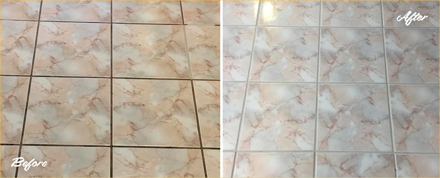 Image of a Ceramic Tile Floor Before and After a Grout Sealing Job in Houston, TX