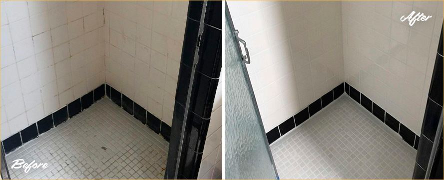 Before and After Image of a Shower After Our Outstanding Caulking Services in Houston