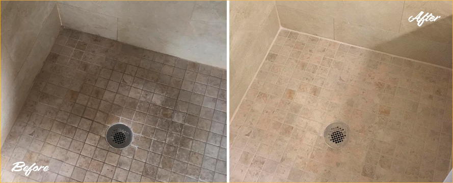 Before and After Image of a Shower After a Remarkable Grout Sealing in Houston, TX
