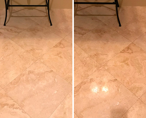 Before and After Stone Polishing of  Travertine Floor in Pearland 