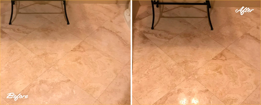 Before and After Stone Polishing of  Travertine Floor in Pearland 