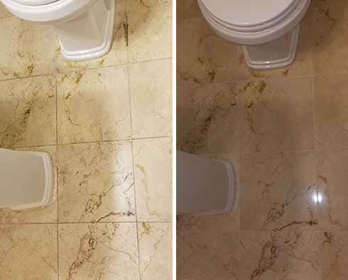 Before and After Stone Polishing Service of Bathroom Marble Floor in Pearland
