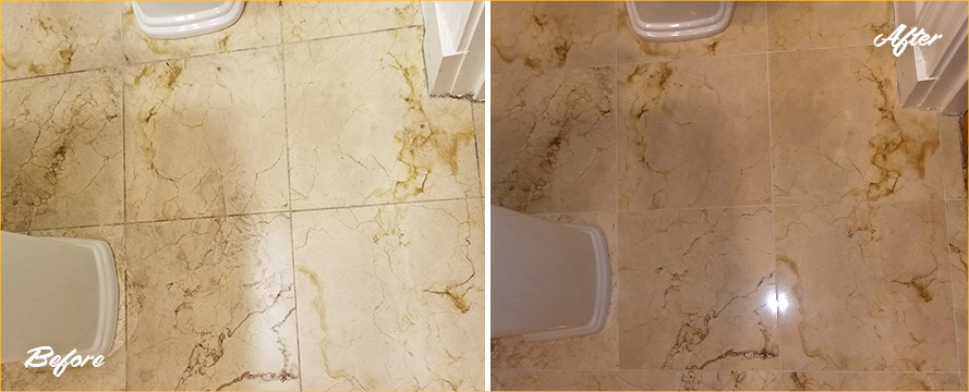 Before and After Stone Polishing Service of Bathroom Marble Floor in Pearland