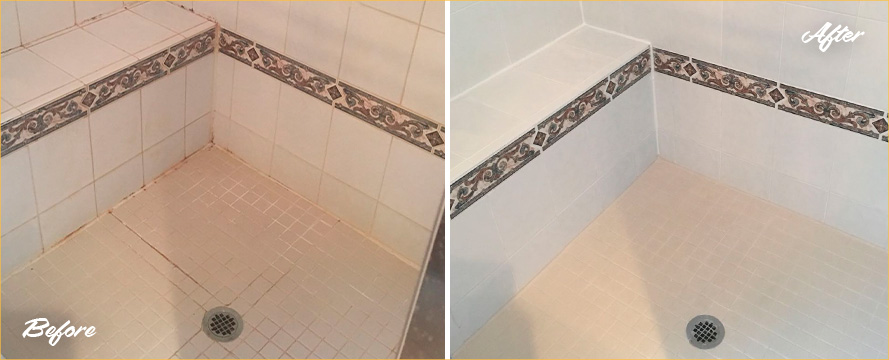 Ceramic Shower Before and After a Grout Sealing Service in Sugarland