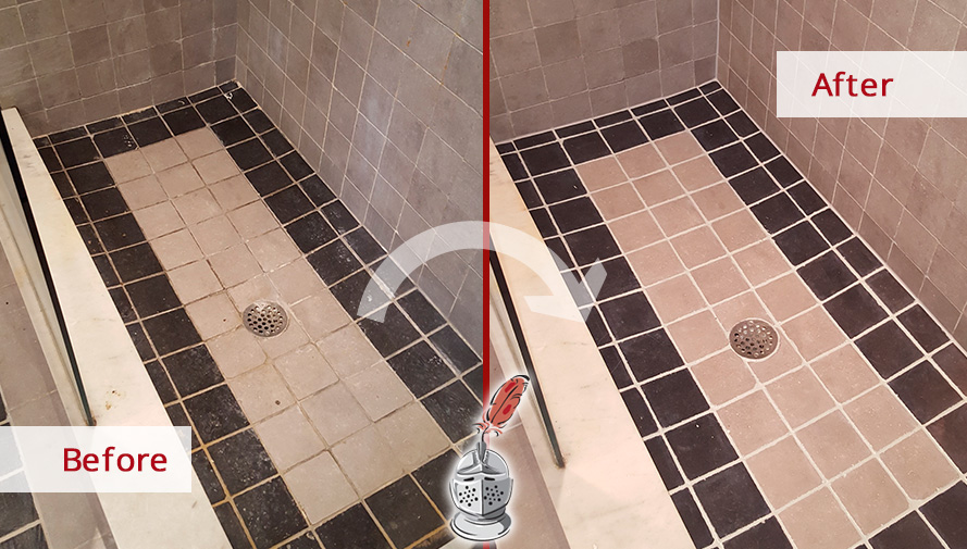 Shower Floor Before and After a Grout Sealing Service in Conroe