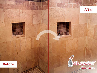 Travertine Shower Before and After a Stone Sealing Service in Cypress
