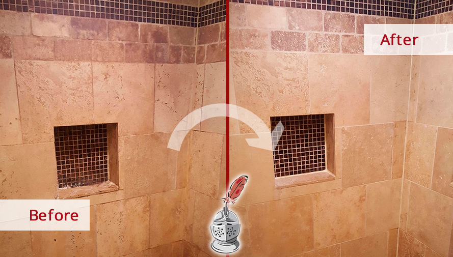 Travertine Shower Before and After a Stone Sealing in Cypress