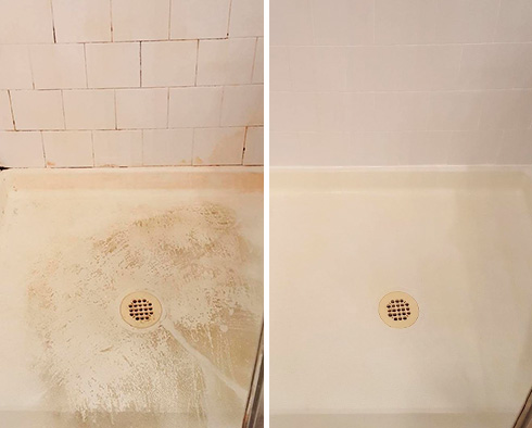 Shower Floor Before and After a Pearland Grout Cleaning Service