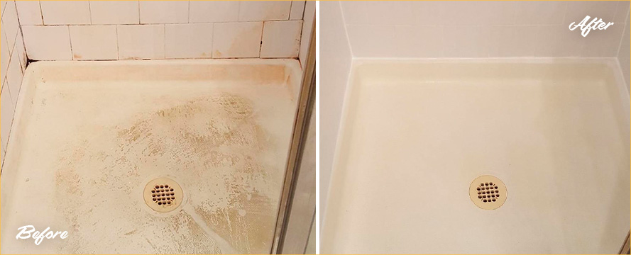 Shower Floor Before and After a Pearland Grout Cleaning Service