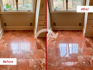 Red Marble Floor Before and After a Stone Polishing in Fulshear