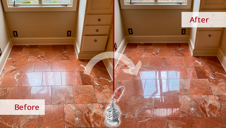 Red Marble Floor Before and After a Stone Polishing in Fulshear