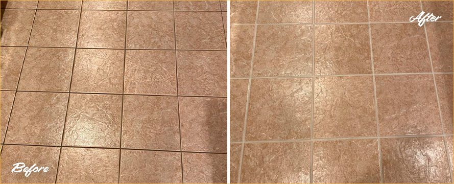Kitchen Floor Before and After a Grout Cleaning in Santa Fe, TX
