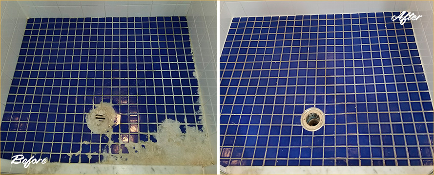 Shower Floor Before and After a Tile Cleaning in Spring, TX