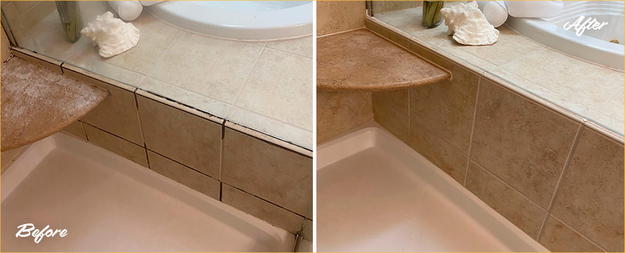 Close-up of Shower Seams Before and After a Service from Our Grout Cleaners in Sugarland