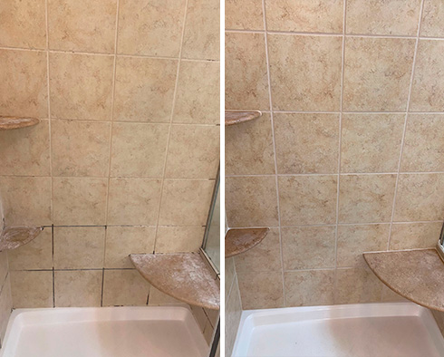 Shower Walls Before and After a Service from Our Grout Cleaners in Sugarland
