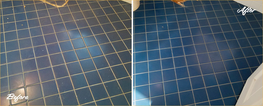 Blue Tile Floor Before and After a Grout Recoloring in Houston