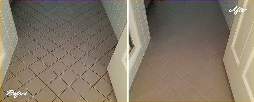 Tile Floor Before and After a Grout Recoloring in Houston