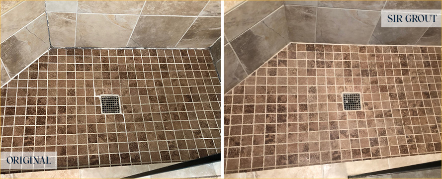Shower Floor Before and After Our Caulking Services in Richmond