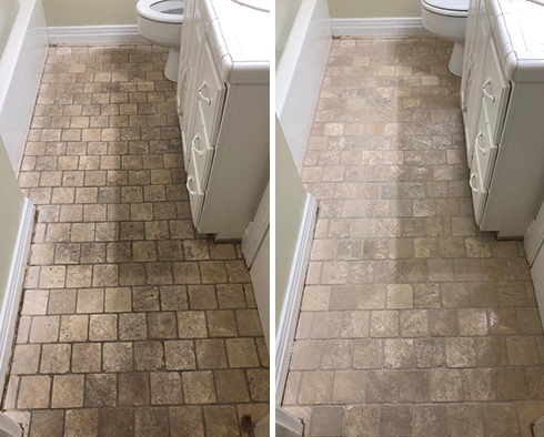 Bathroom Floor Before and After a Grout Cleaning in Houston
