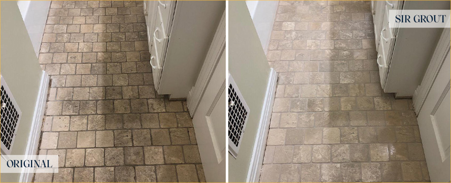 Bathroom Floor Before and After a Grout Cleaning in Houston