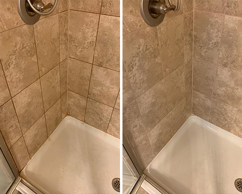 Tile Shower Before and After a Grout Cleaning in Cypress