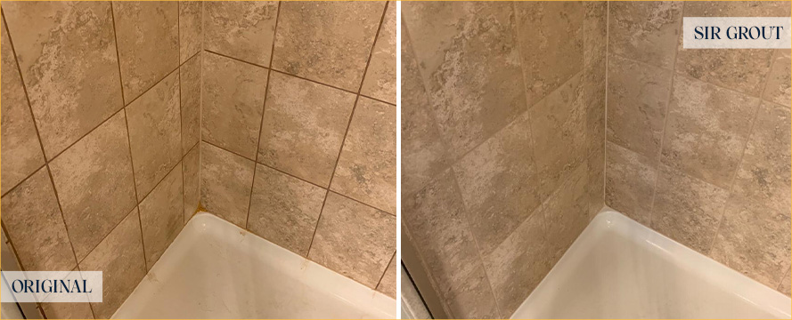 Tile Shower Before and After a Grout Cleaning in Cypress