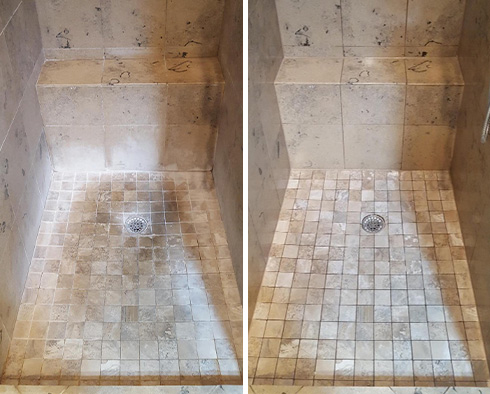 Shower Floor and Seams Before and After a Stone Cleaning in Richmond